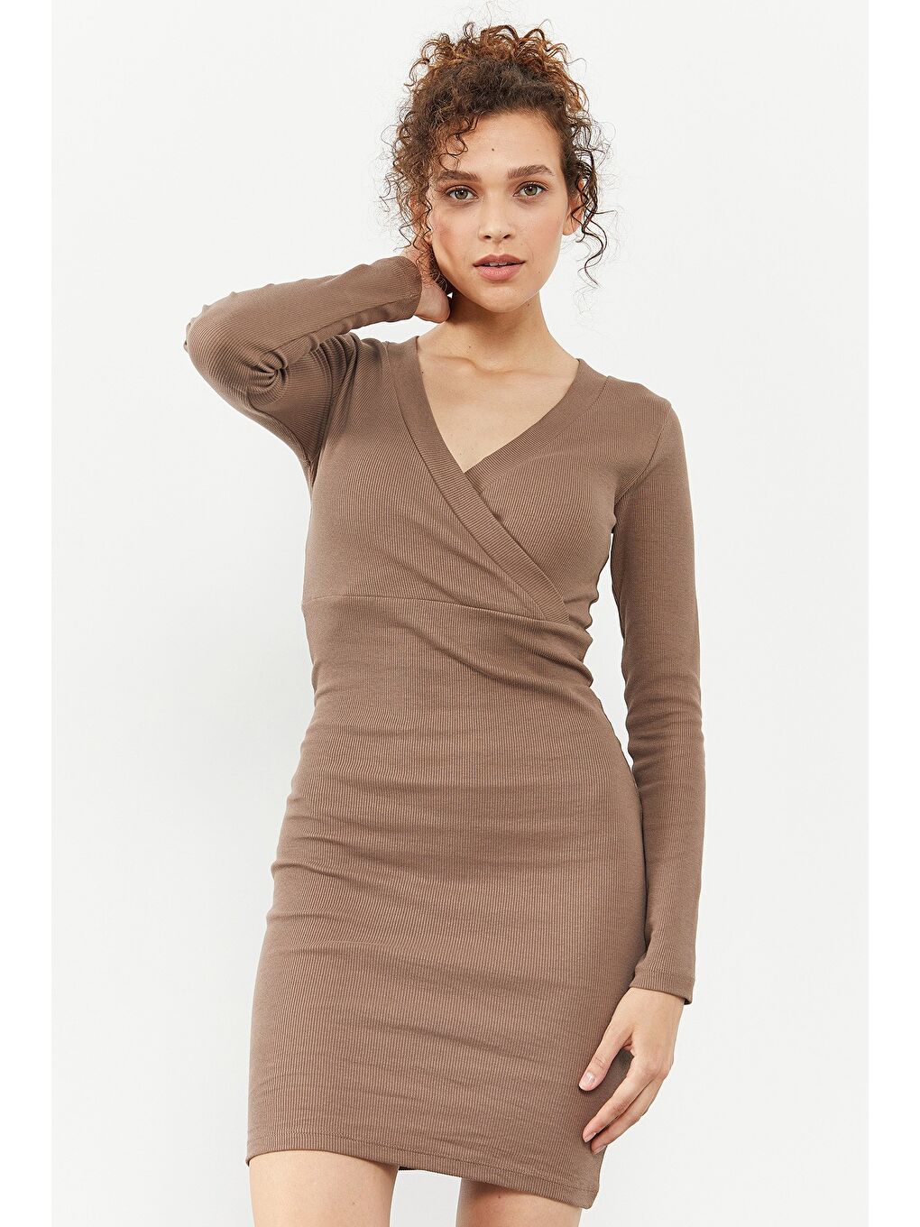 Bej Kaşkorse Triko Dar Kalıp  Kruvaze Yaka Kadın Elbise - 97118-1