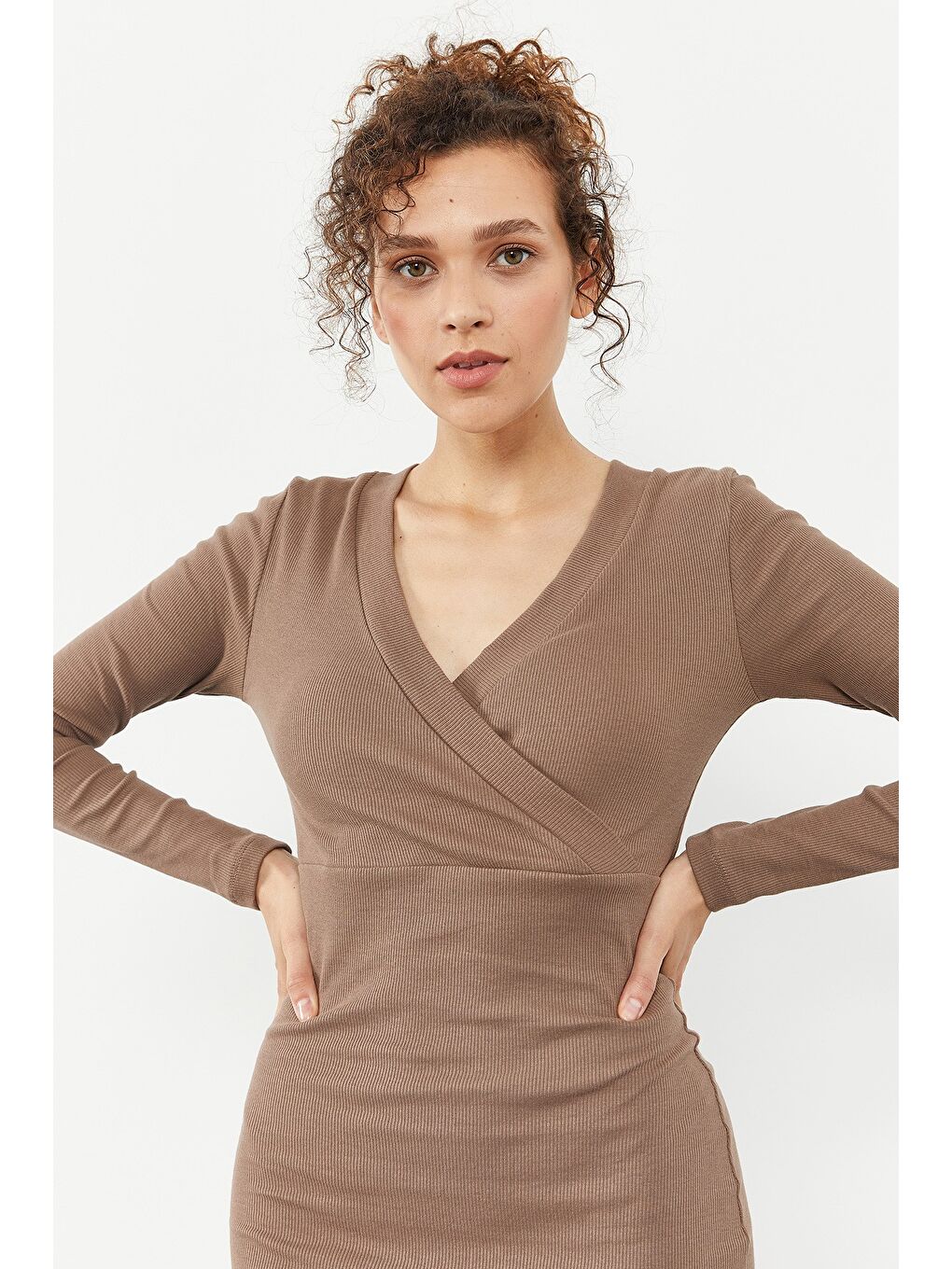 Bej Kaşkorse Triko Dar Kalıp  Kruvaze Yaka Kadın Elbise - 97118-2