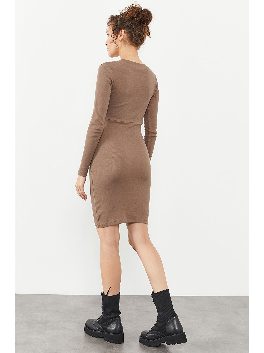 Bej Kaşkorse Triko Dar Kalıp  Kruvaze Yaka Kadın Elbise - 97118-3