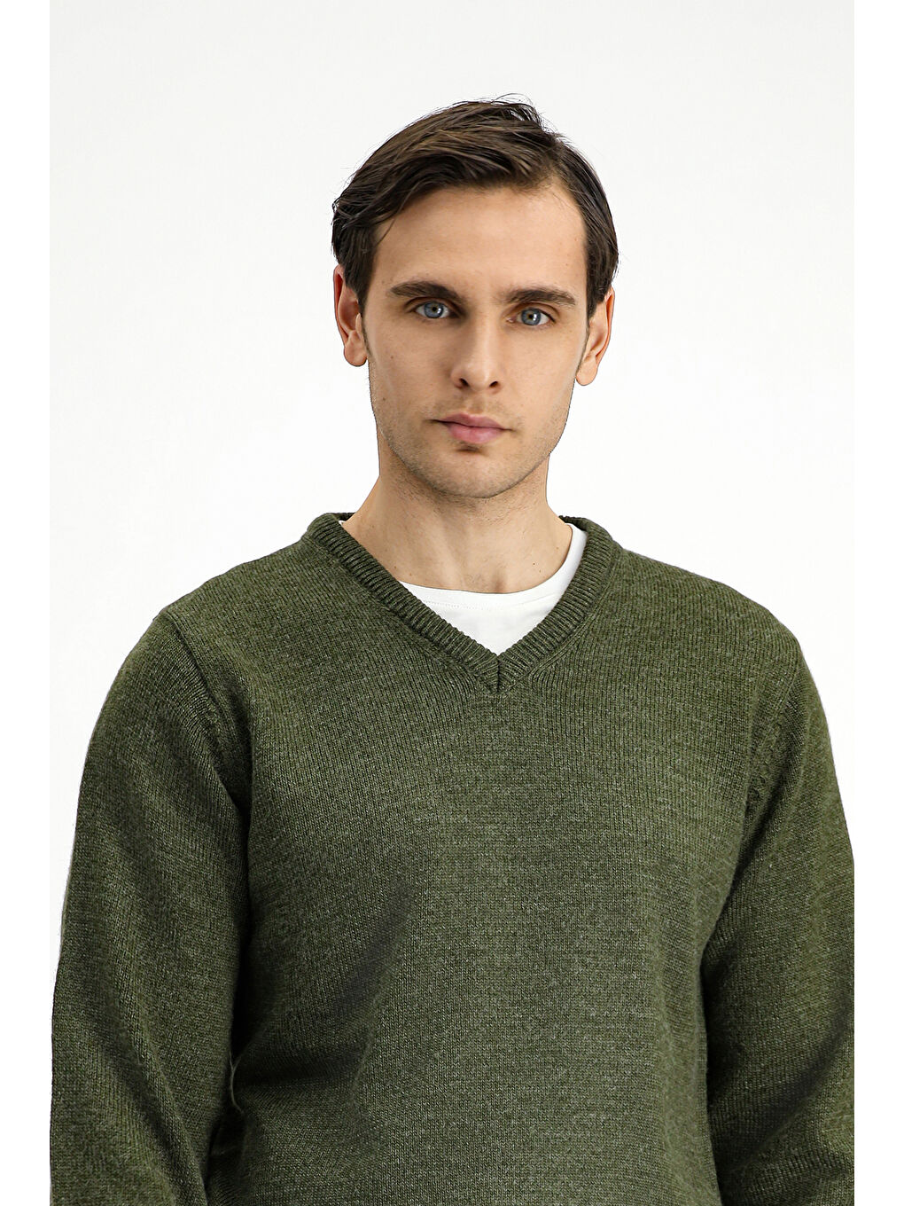 Haki V Yaka Regular Fit Triko Büyük Beden Kazak-2