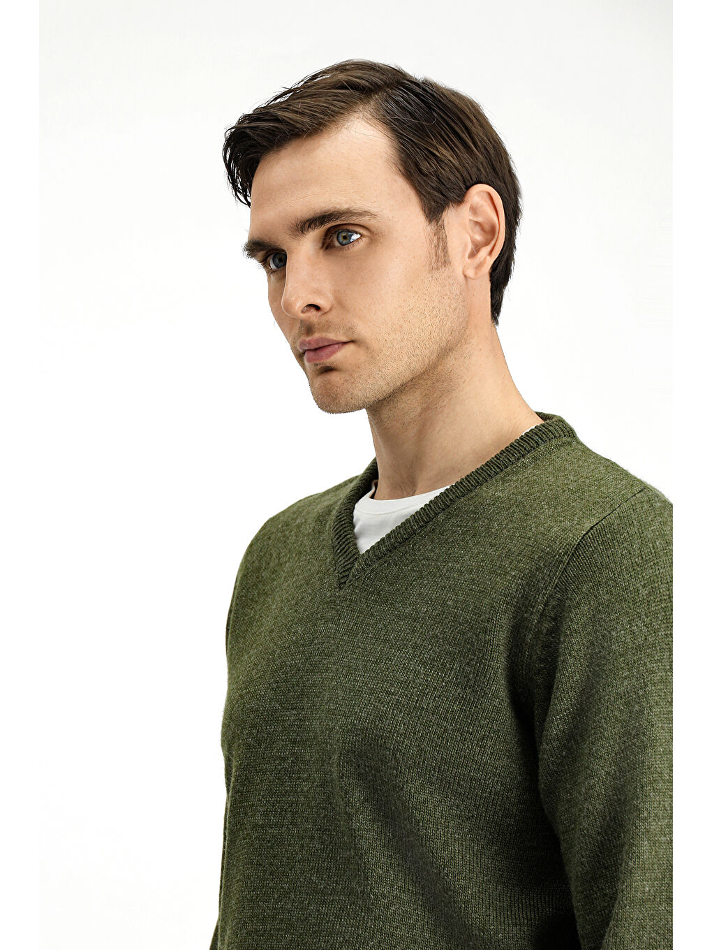 Haki V Yaka Regular Fit Triko Büyük Beden Kazak-3