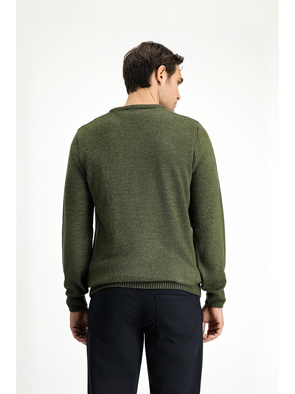 Haki V Yaka Regular Fit Triko Büyük Beden Kazak-4