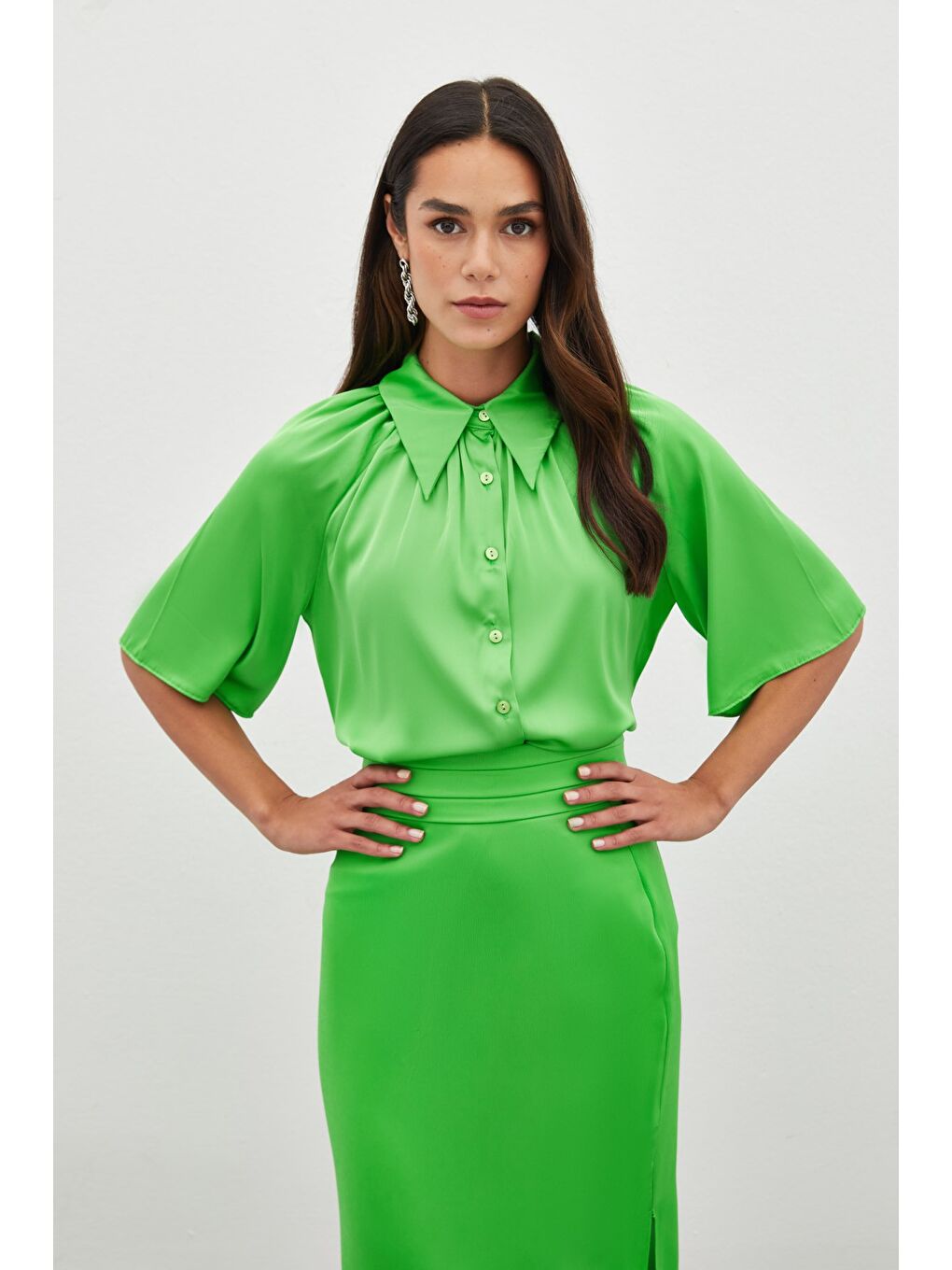 Geniş Kısa Kol Gömlek - Açık Yeşil-2