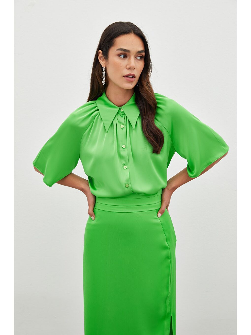 Geniş Kısa Kol Gömlek - Açık Yeşil-4