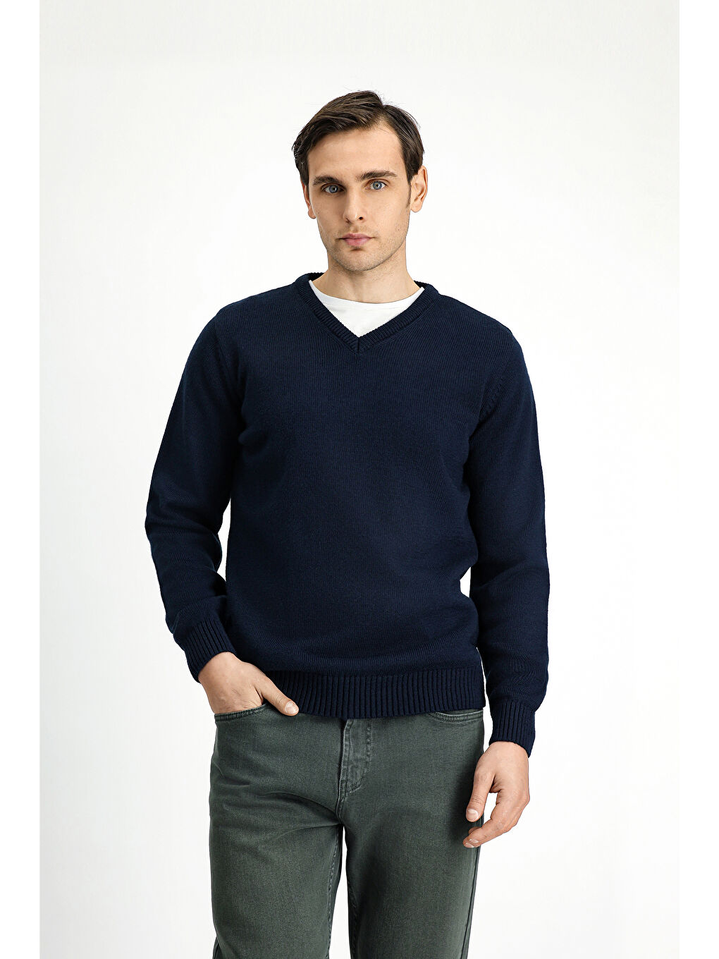 Lacivert V Yaka Regular Fit Triko Büyük Beden Kazak-3