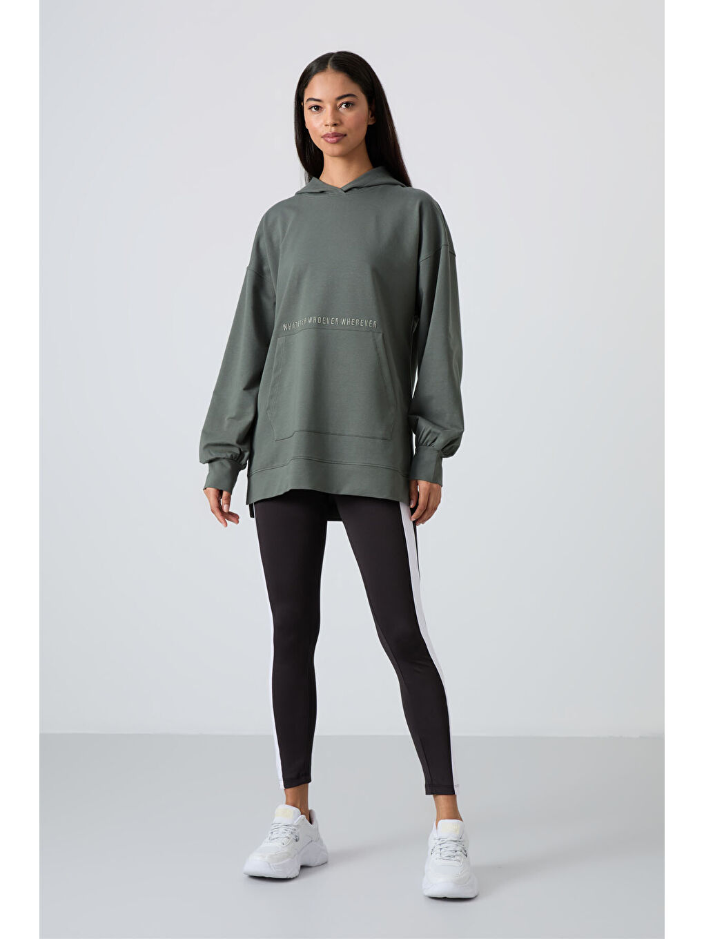 Yeşil Çağla Balon Kol Yazı Nakışlı Kadın Oversize Tunik Sweatshirt - 97163-1