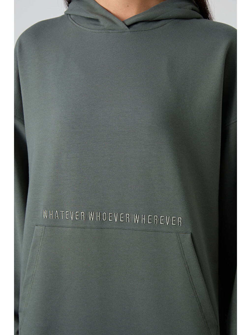 Yeşil Çağla Balon Kol Yazı Nakışlı Kadın Oversize Tunik Sweatshirt - 97163-2