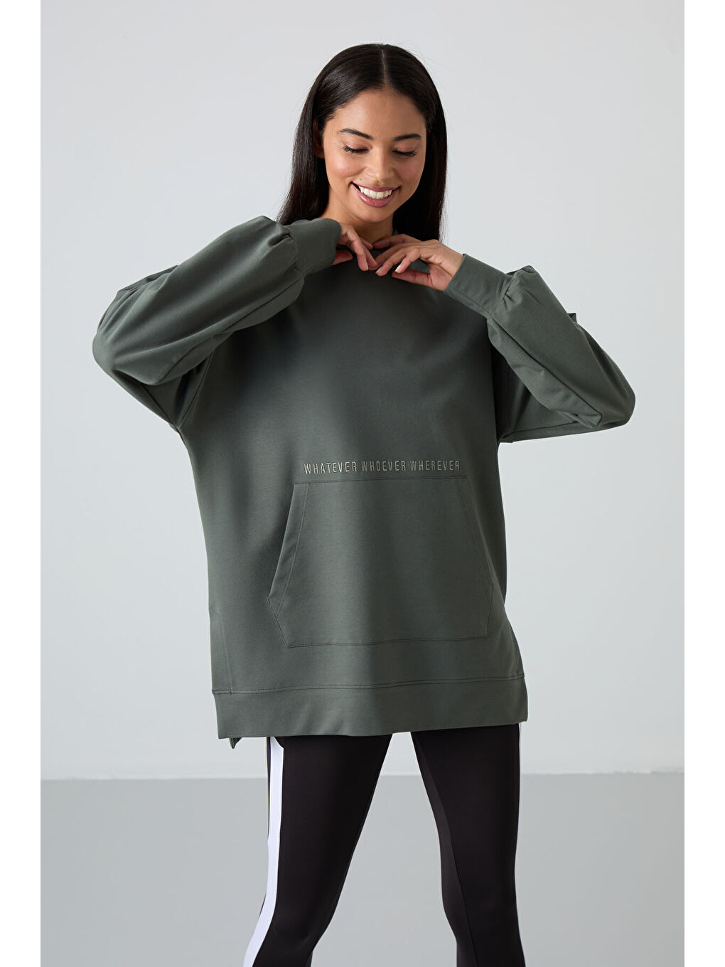 Yeşil Çağla Balon Kol Yazı Nakışlı Kadın Oversize Tunik Sweatshirt - 97163-4