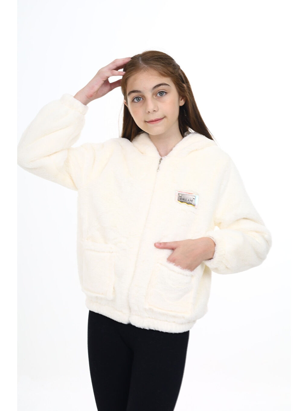 Ekru Krem Armalı Kapüşonlu Kız Pelüş Mont 16775