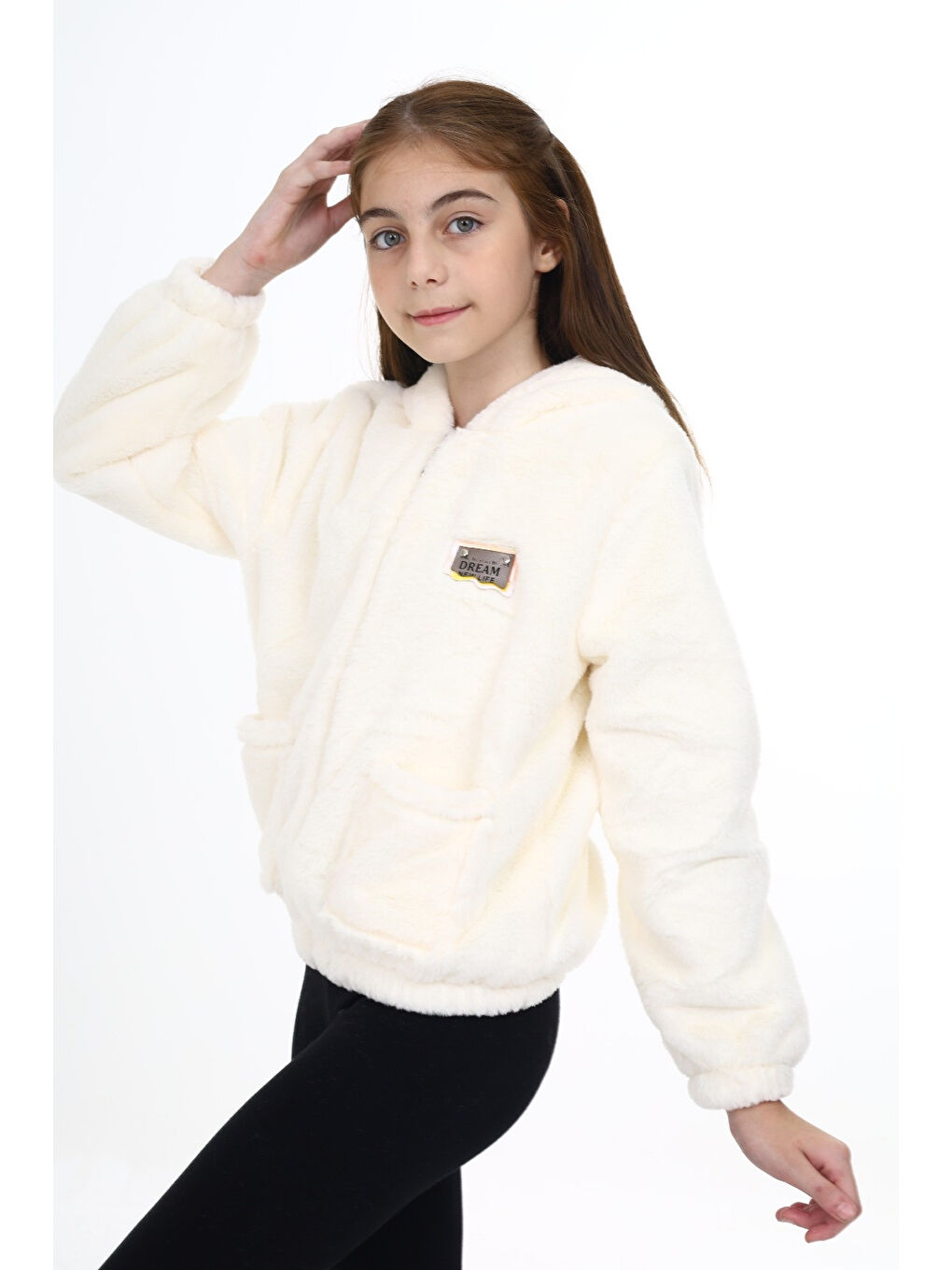 Ekru Krem Armalı Kapüşonlu Kız Pelüş Mont 16775-1