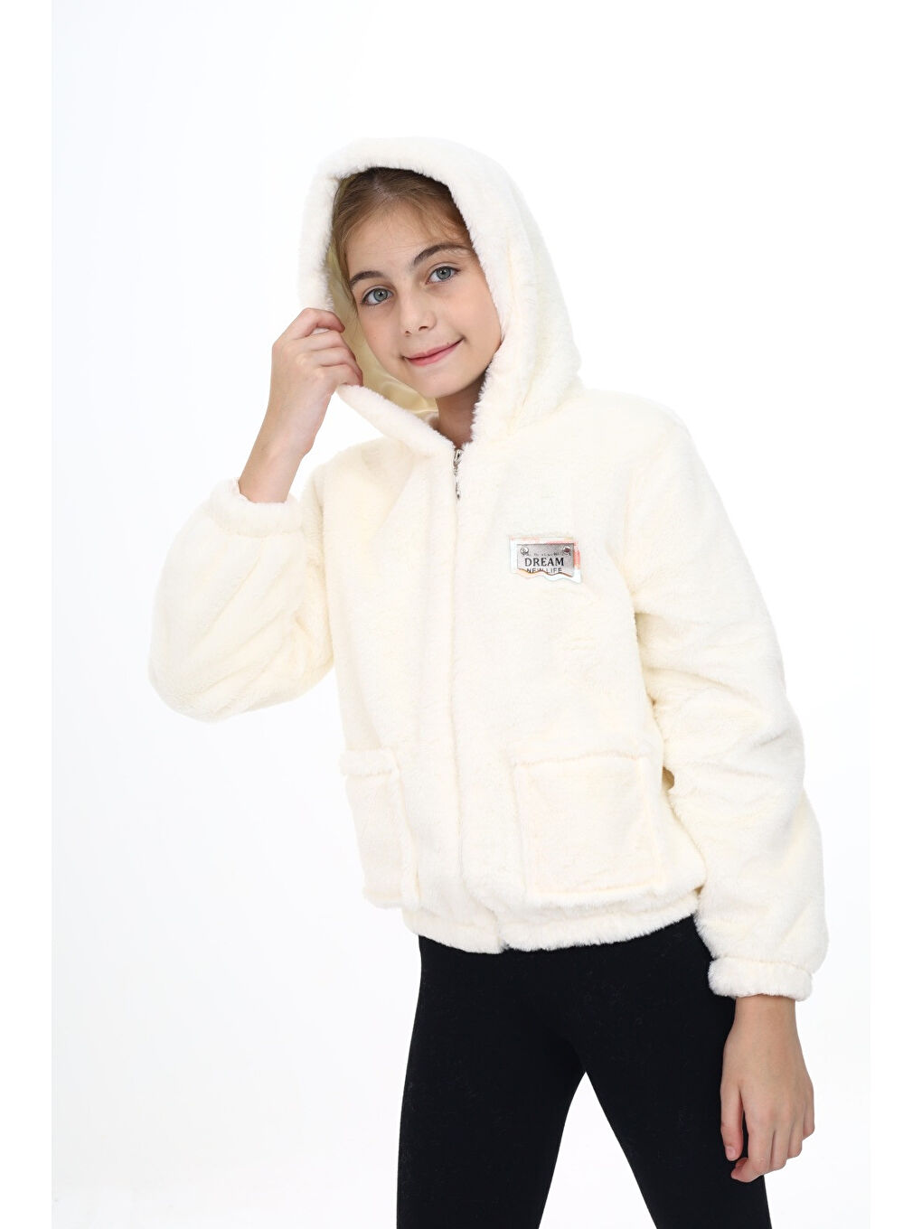 Ekru Krem Armalı Kapüşonlu Kız Pelüş Mont 16775-2