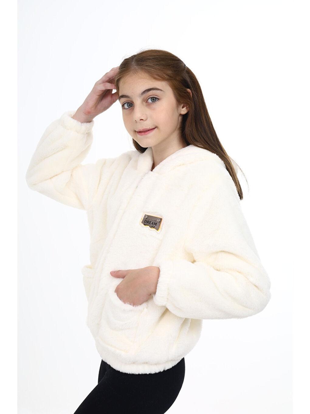 Ekru Krem Armalı Kapüşonlu Kız Pelüş Mont 16775-3