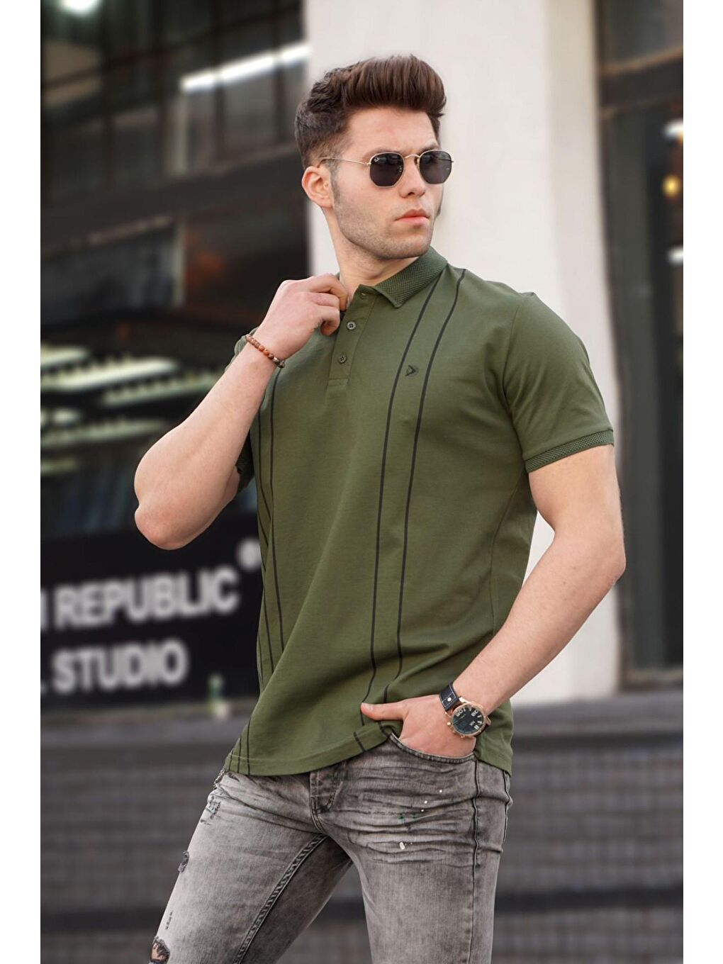 Erkek Polo Yaka Haki Yeşili Tişört 5822
