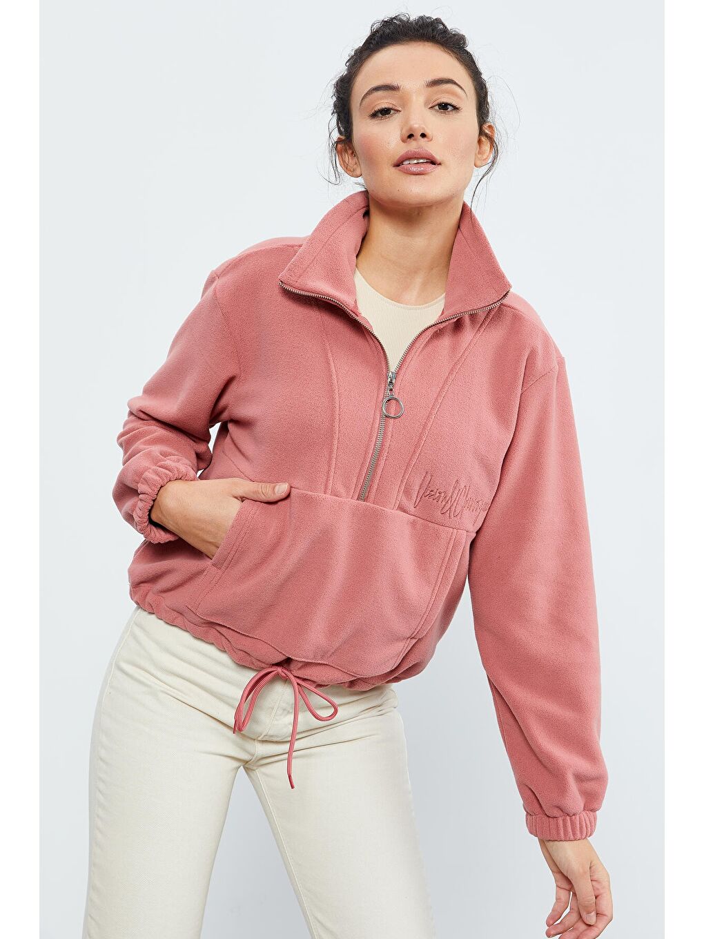 Pembe Yaban Gülü Yarım Fermuar Etek Ucu Büzgülü Kadın Polar Oversize Sweatshirt - 97171-1
