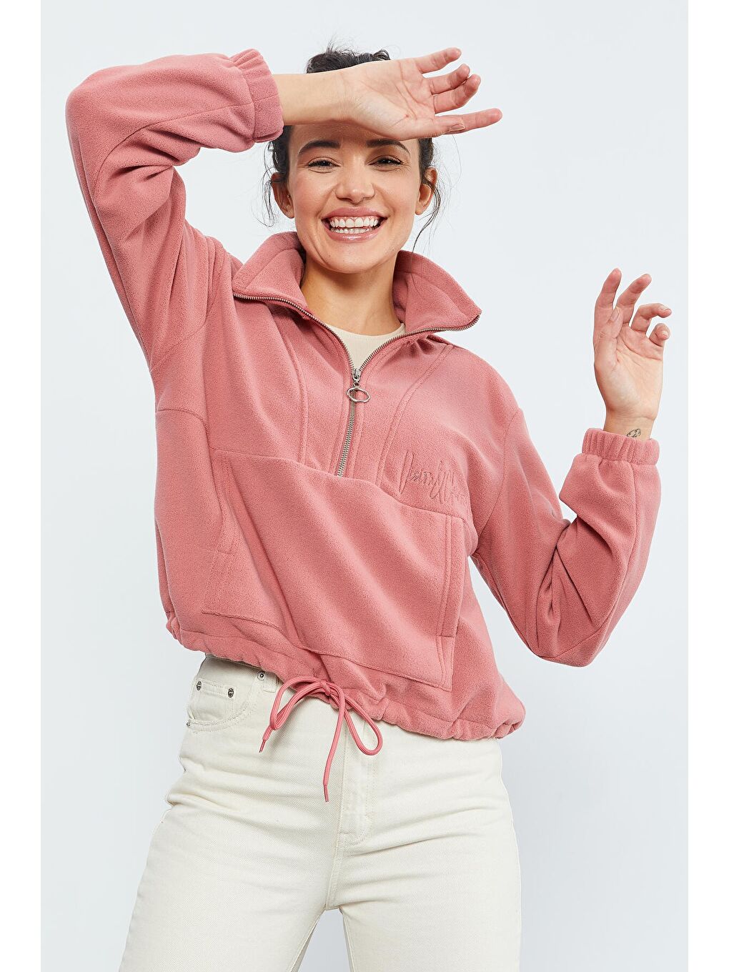 Pembe Yaban Gülü Yarım Fermuar Etek Ucu Büzgülü Kadın Polar Oversize Sweatshirt - 97171-2