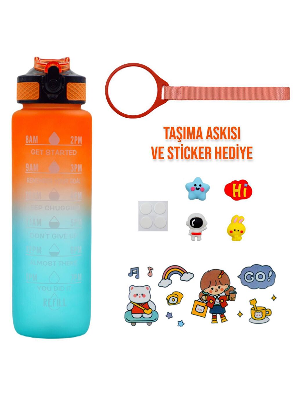 BottleBoss Renk Geçişli Sızdırmaz Kapak Motivasyon Matarası 1 Litre Sticker HEDİYELİ Turuncu (BB-89959) - 1