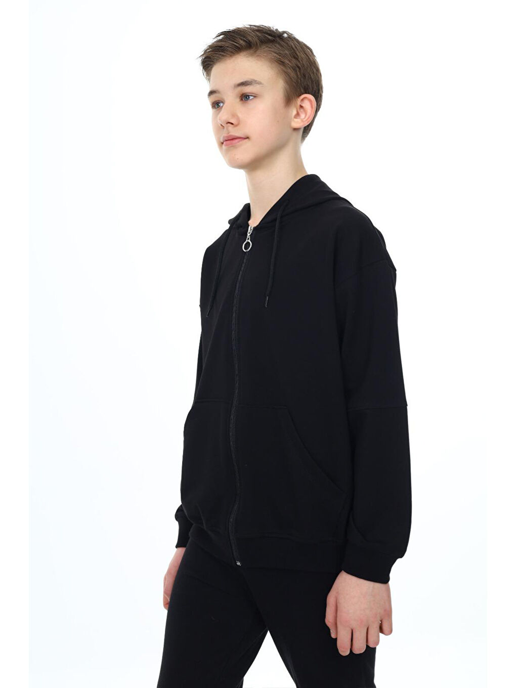 Siyah Erkek Çocuk Kapüşonlu Fermuarlı Sweatshirt  19206-1