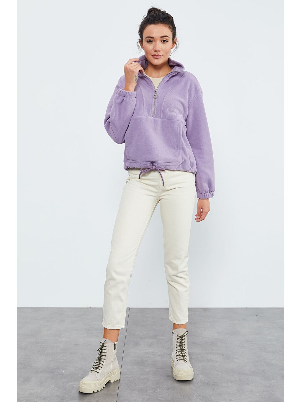 Mor Eflatun Yarım Fermuar Etek Ucu Büzgülü Kadın Polar Oversize Sweatshirt - 97171-1
