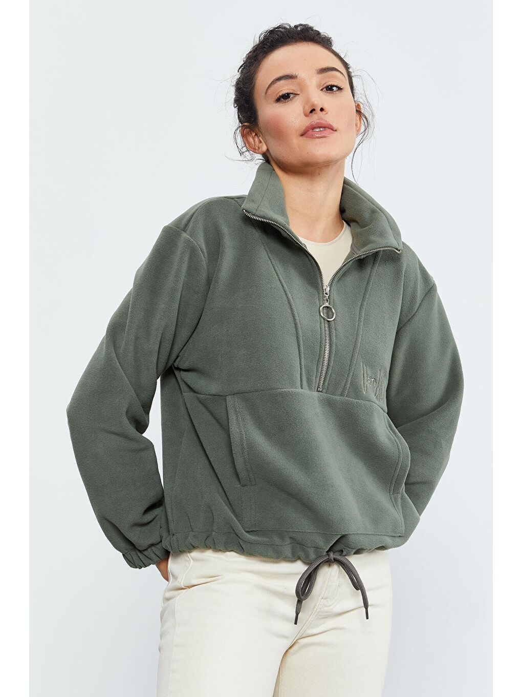 Yeşil Çağla Yarım Fermuar Etek Ucu Büzgülü Kadın Polar Oversize Sweatshirt - 97171-2