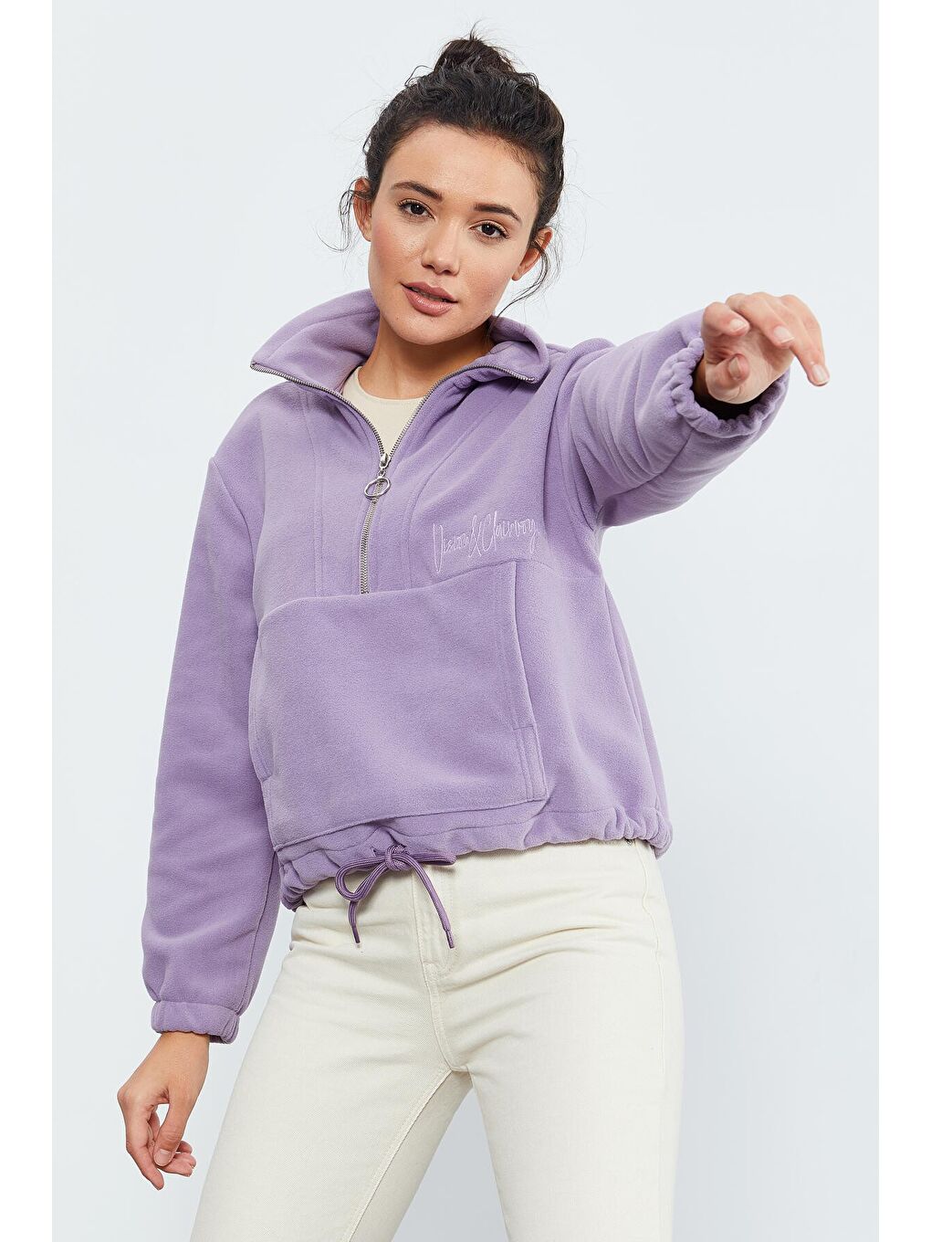 Mor Eflatun Yarım Fermuar Etek Ucu Büzgülü Kadın Polar Oversize Sweatshirt - 97171-2