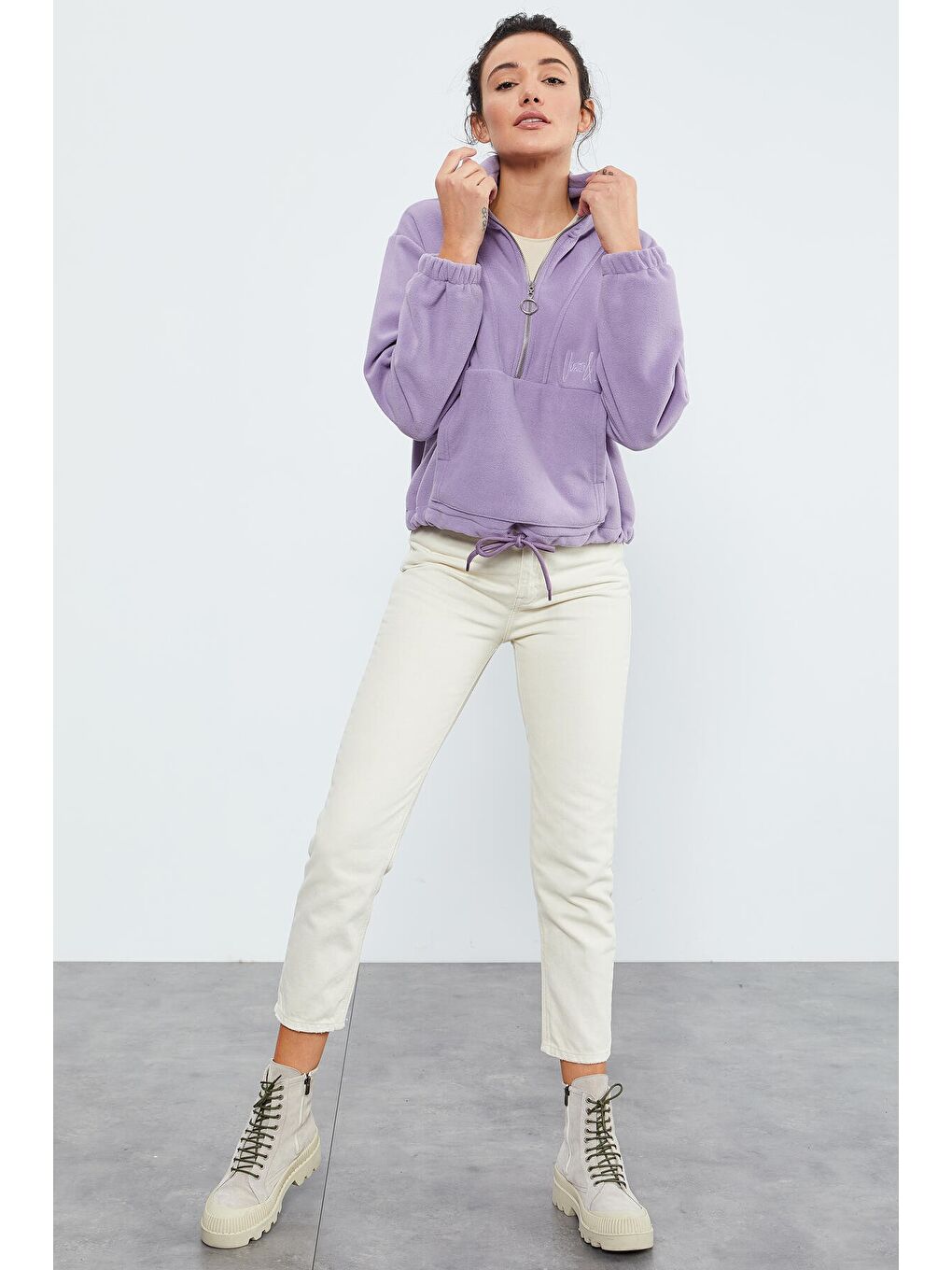 Mor Eflatun Yarım Fermuar Etek Ucu Büzgülü Kadın Polar Oversize Sweatshirt - 97171-3