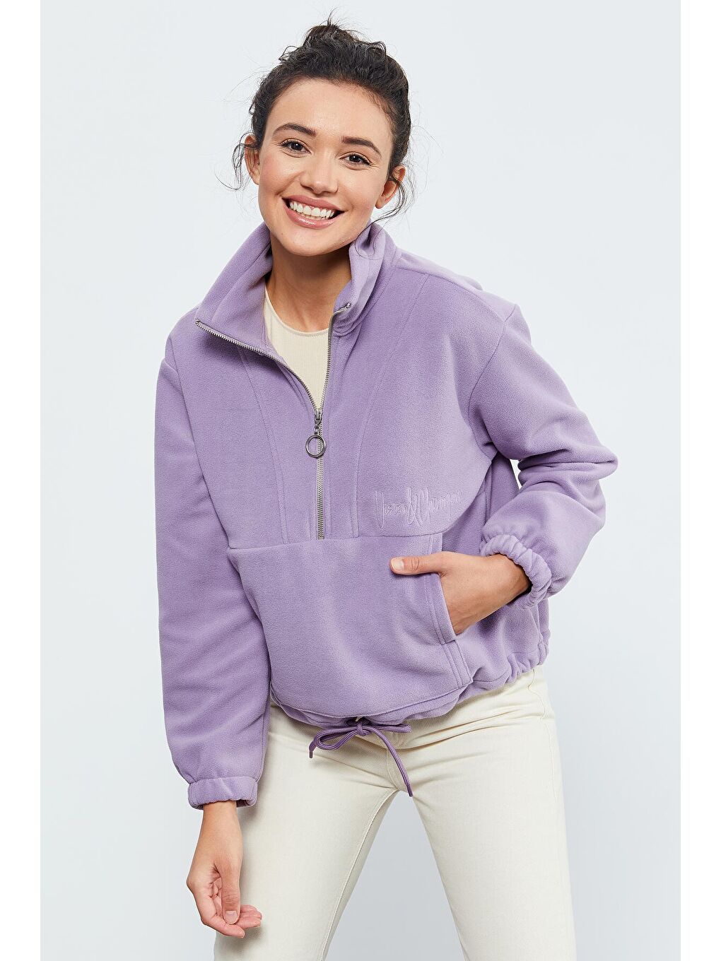 Mor Eflatun Yarım Fermuar Etek Ucu Büzgülü Kadın Polar Oversize Sweatshirt - 97171-4