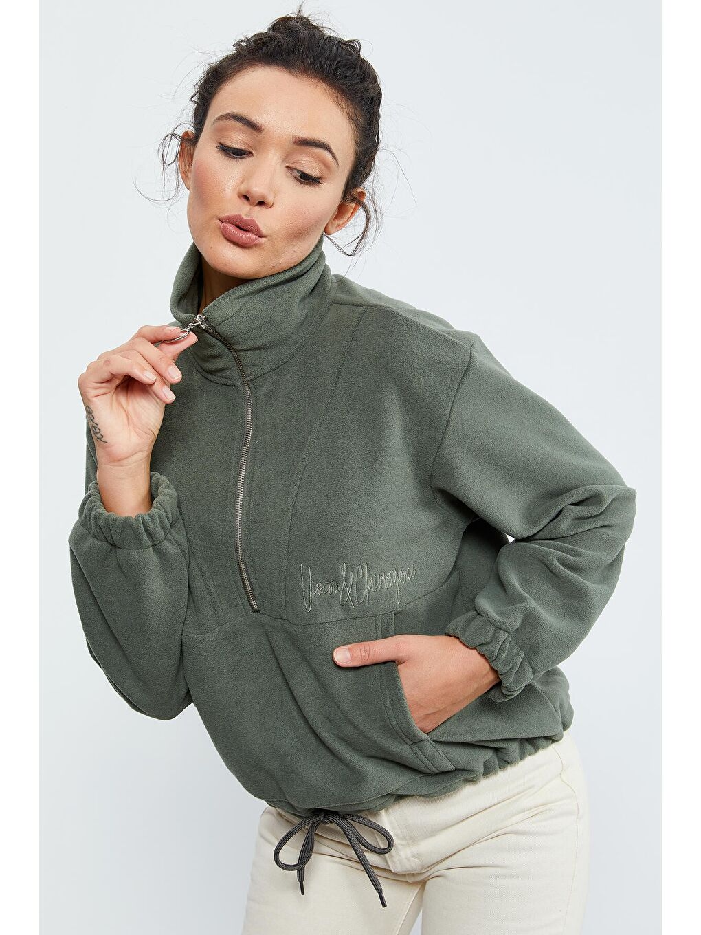 Yeşil Çağla Yarım Fermuar Etek Ucu Büzgülü Kadın Polar Oversize Sweatshirt - 97171-4