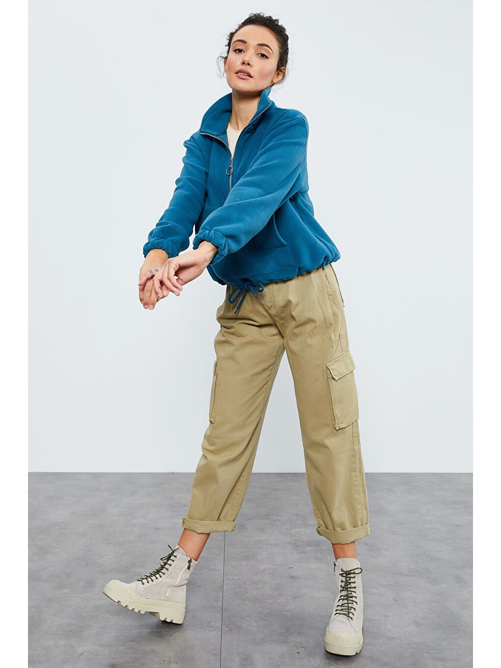 Yeşil Zümrüt Yarım Fermuar Etek Ucu Büzgülü Kadın Polar Oversize Sweatshirt - 97171-1