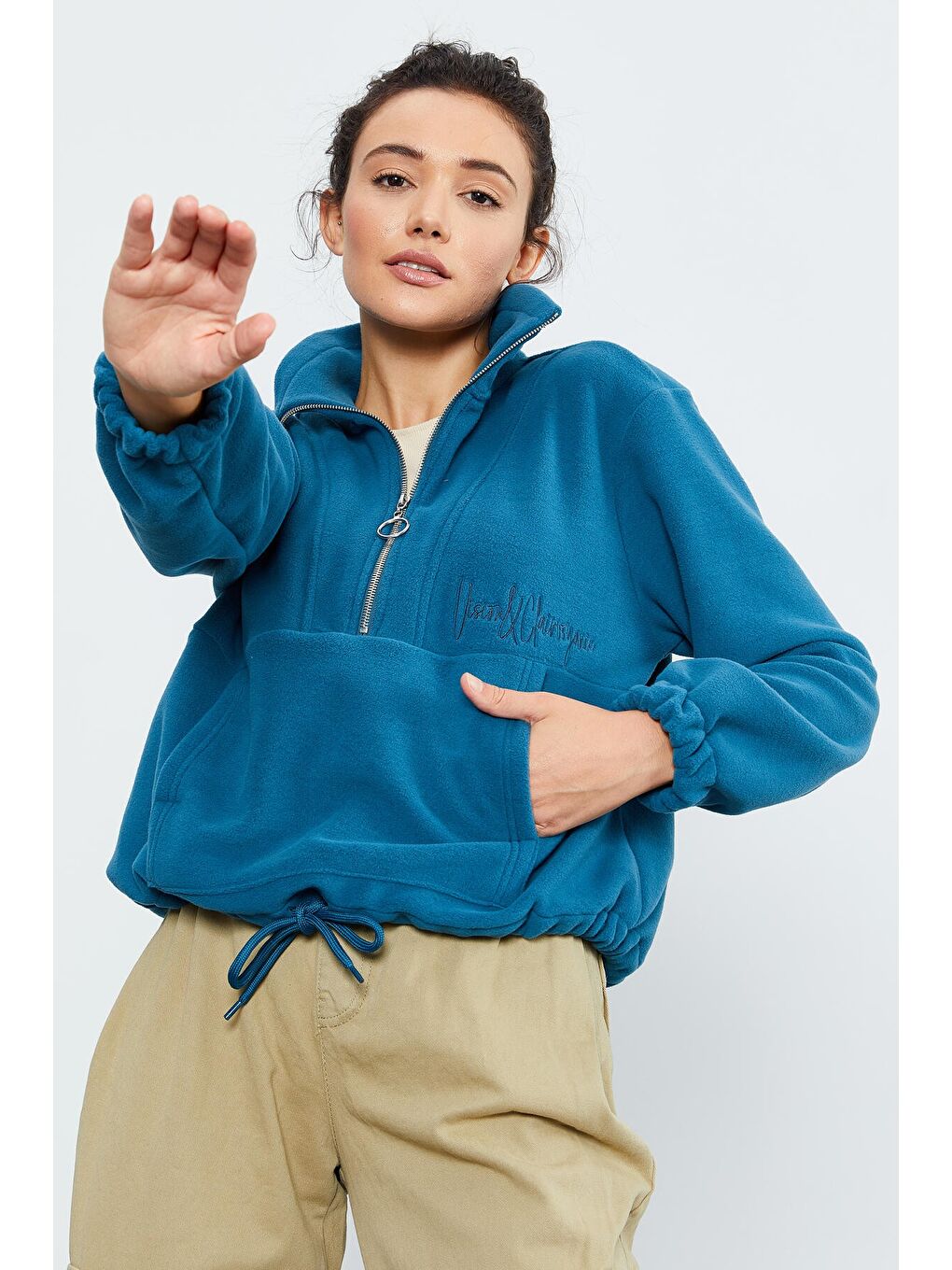 Yeşil Zümrüt Yarım Fermuar Etek Ucu Büzgülü Kadın Polar Oversize Sweatshirt - 97171-2