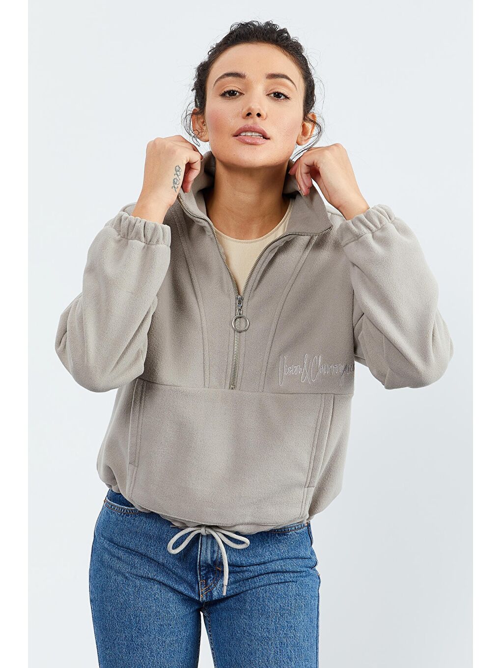 Koyu Bej Yarım Fermuar Etek Ucu Büzgülü Kadın Polar Oversize Sweatshirt - 97171-2