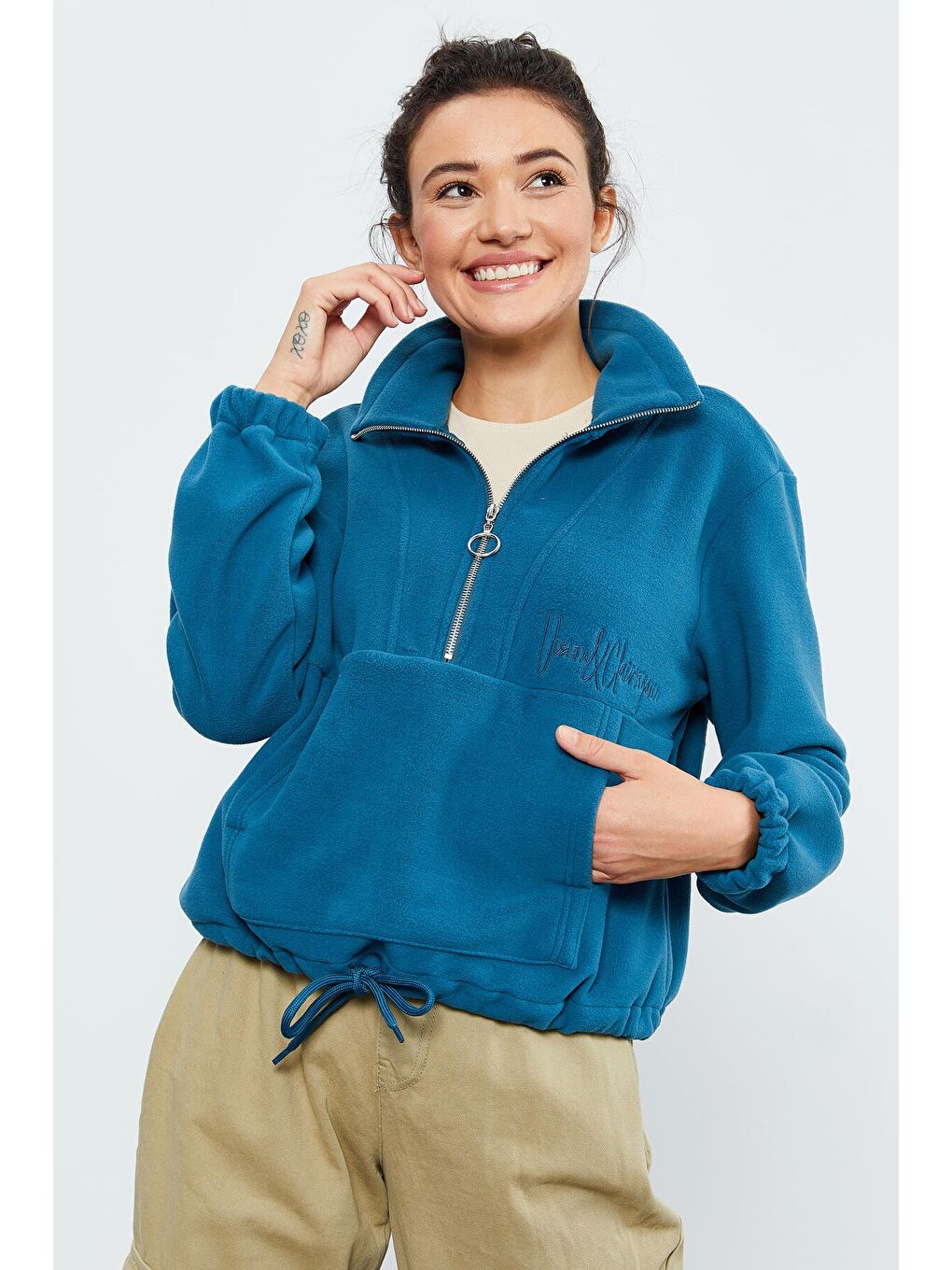 Yeşil Zümrüt Yarım Fermuar Etek Ucu Büzgülü Kadın Polar Oversize Sweatshirt - 97171-4