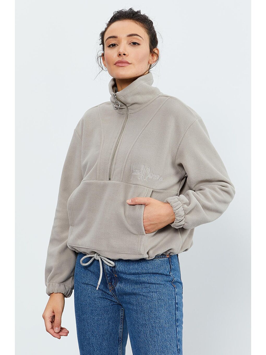 Koyu Bej Yarım Fermuar Etek Ucu Büzgülü Kadın Polar Oversize Sweatshirt - 97171-4