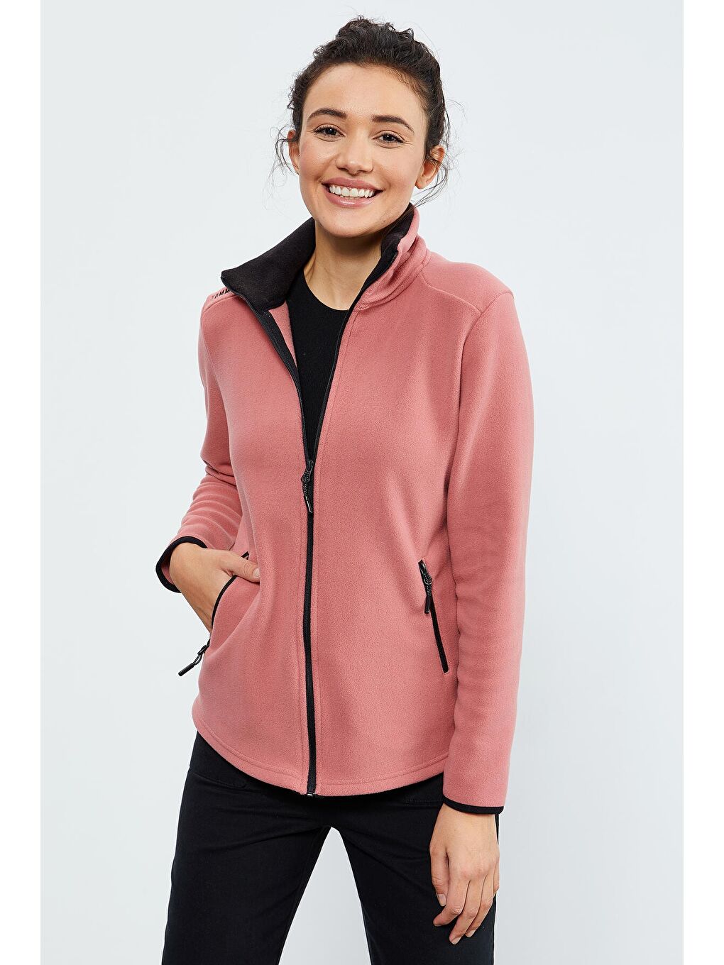 Pembe Yaban Gülü Dik Yaka Fermuarlı Rahat Form Kadın Polar Sweatshirt - 97173-4