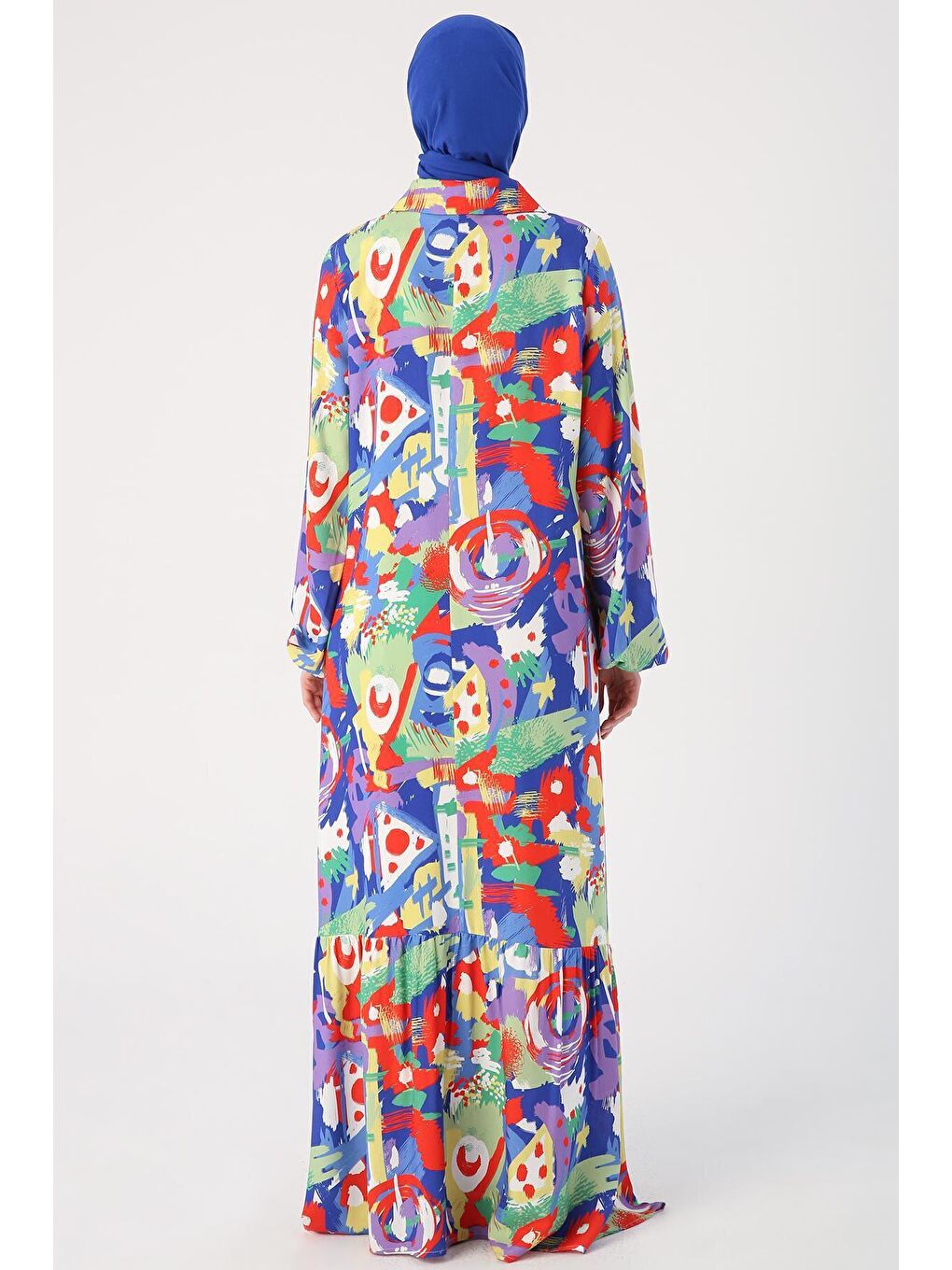 Mavi-Kırmızı Yarım Patlı Gömlek Yakalı Desenli Viskon Elbise-3