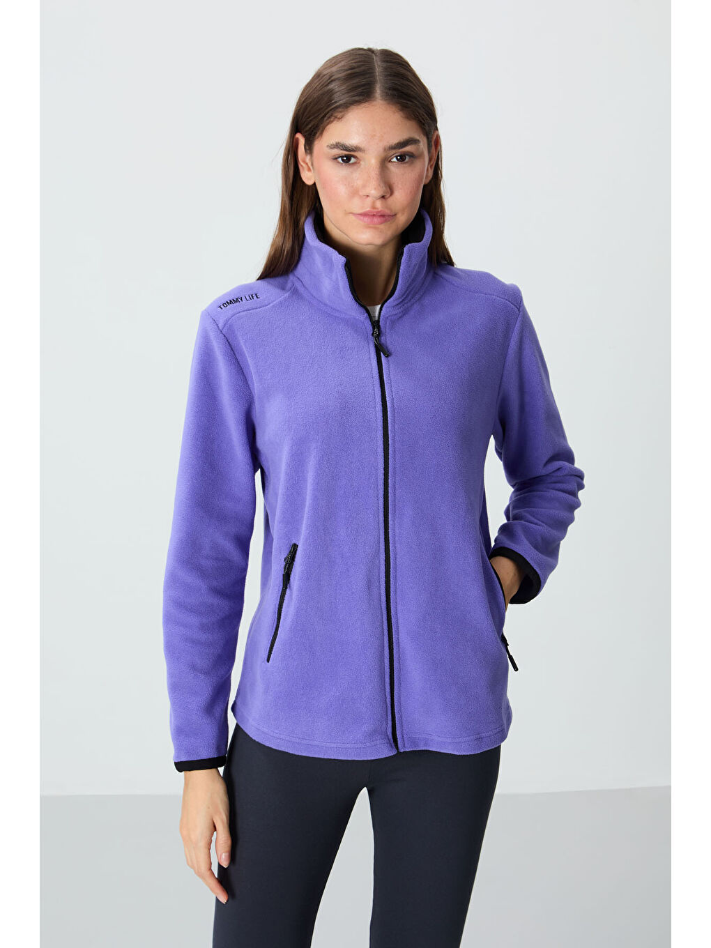 Mor Eflatun Dik Yaka Fermuarlı Rahat Form Kadın Polar Sweatshirt - 97173