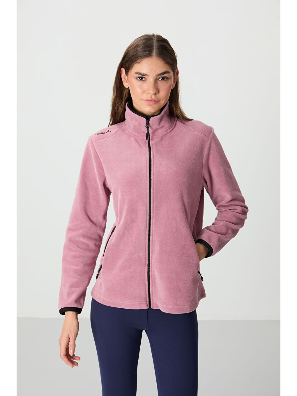 Pembe Gül Kurusu Dik Yaka Fermuarlı Rahat Form Kadın Polar Sweatshirt - 97173