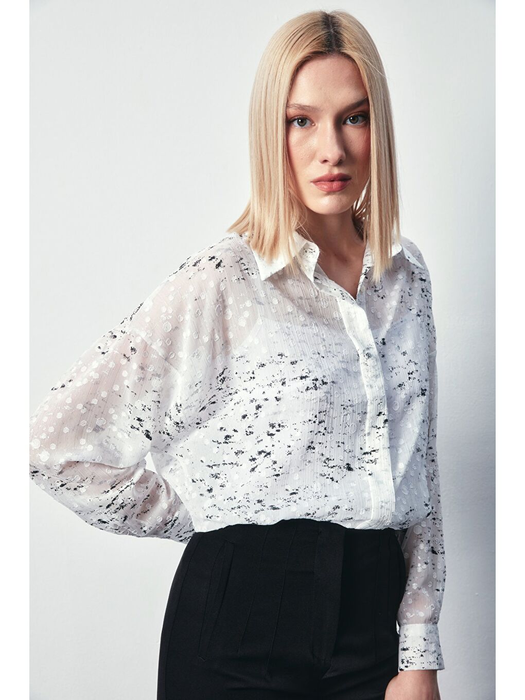 Varaklı Geniş Gömlek - Ekru-Gümüş-1