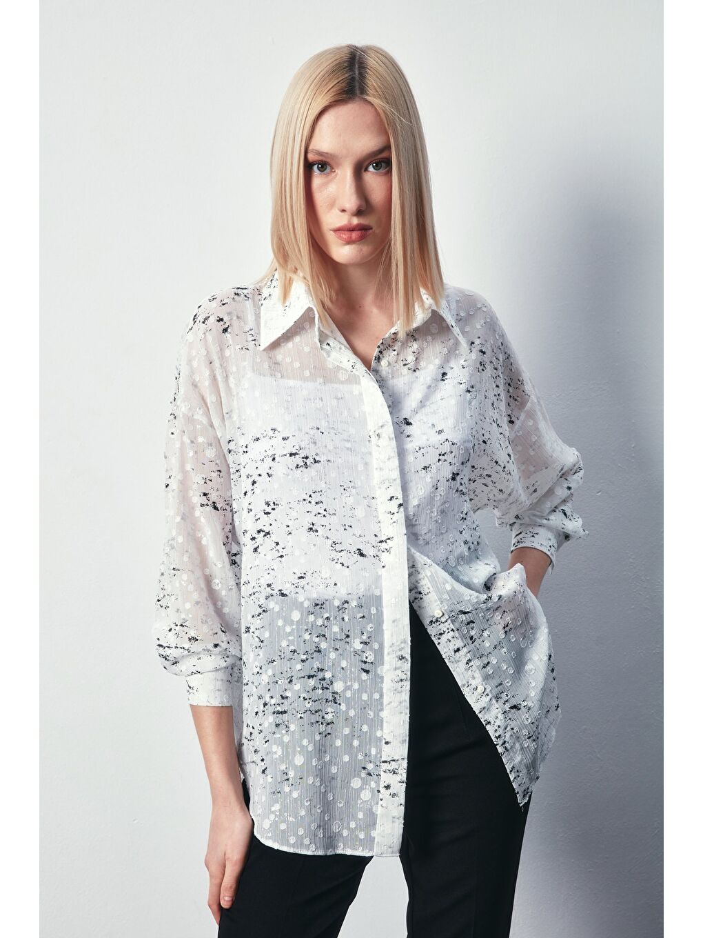 Varaklı Geniş Gömlek - Ekru-Gümüş-2