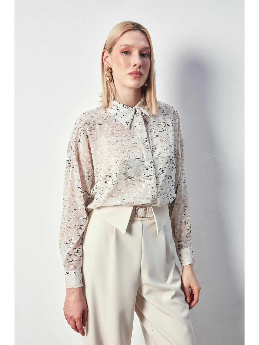 Bej Varaklı Geniş Gömlek - Taş-Gold-1