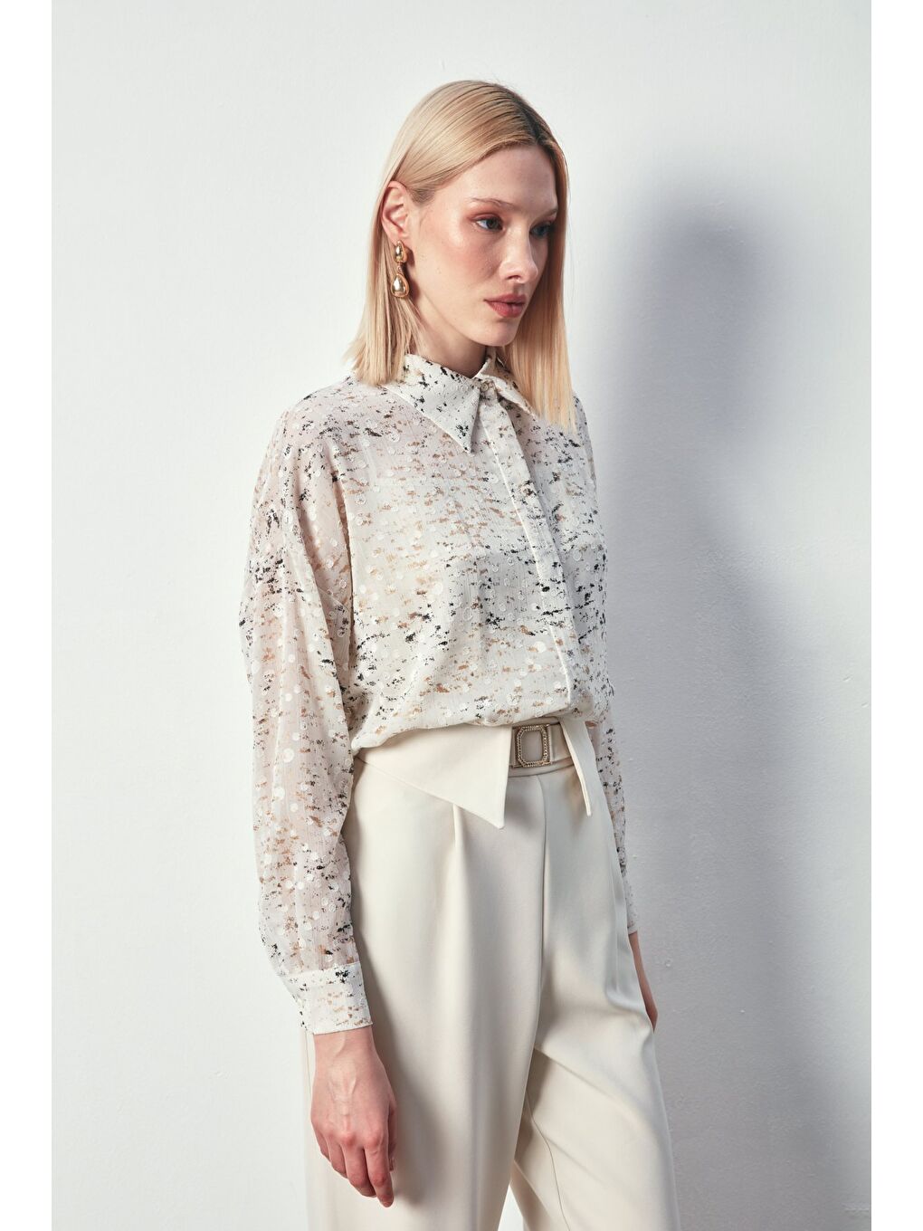 Bej Varaklı Geniş Gömlek - Taş-Gold-2