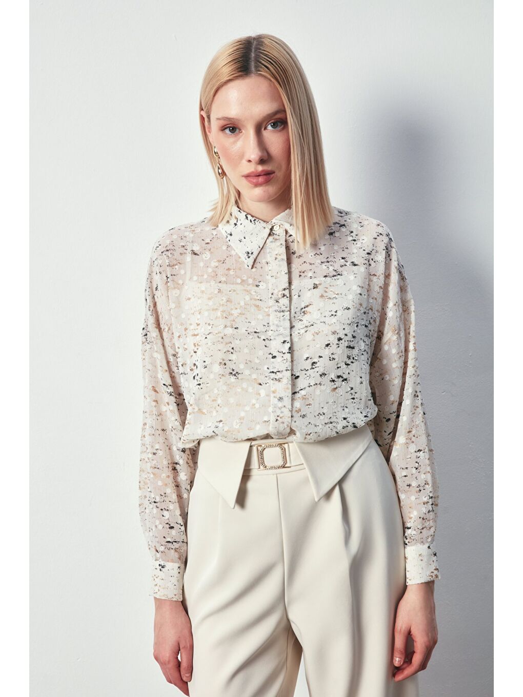 Bej Varaklı Geniş Gömlek - Taş-Gold-3