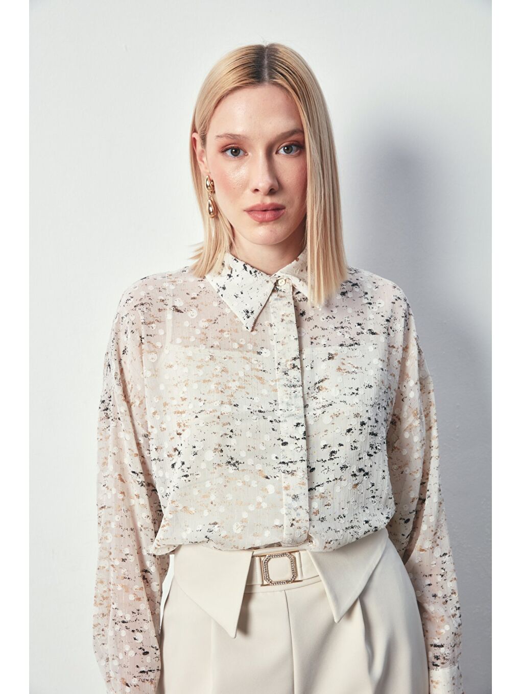 Bej Varaklı Geniş Gömlek - Taş-Gold-4