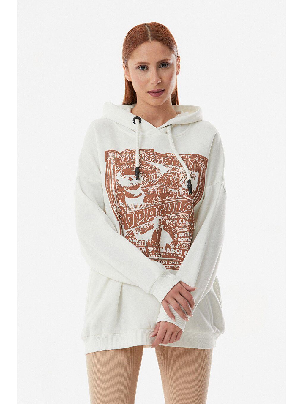 Ekru Baskılı Kapüşonlu Oversize Sweatshirt