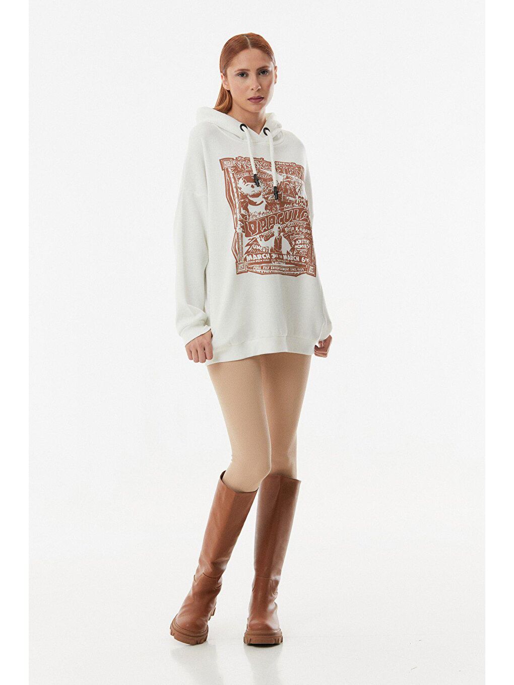 Ekru Baskılı Kapüşonlu Oversize Sweatshirt-1