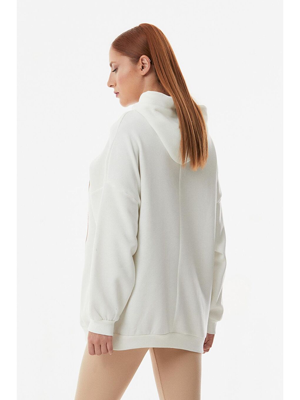 Ekru Baskılı Kapüşonlu Oversize Sweatshirt-3