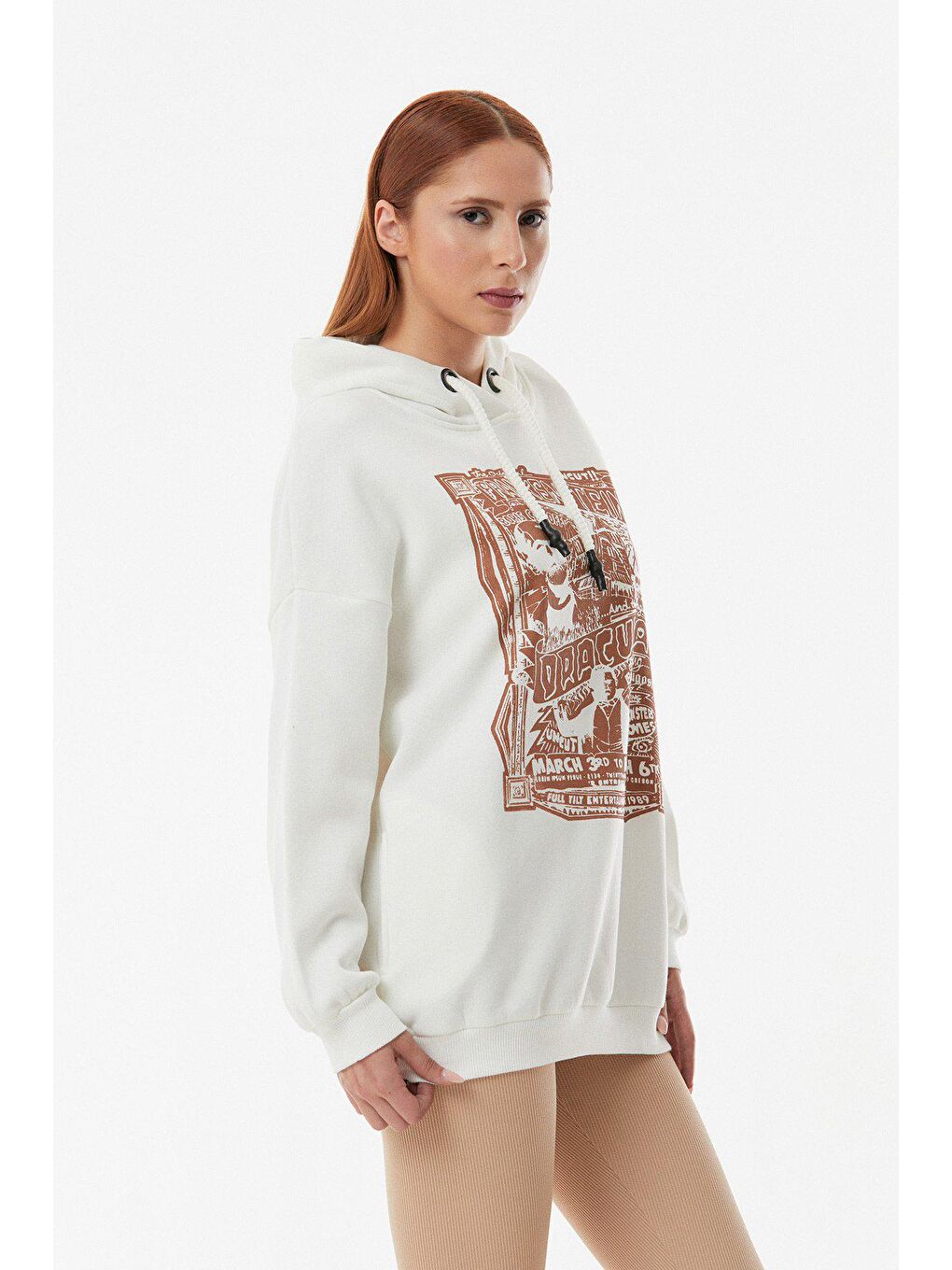 Ekru Baskılı Kapüşonlu Oversize Sweatshirt-4