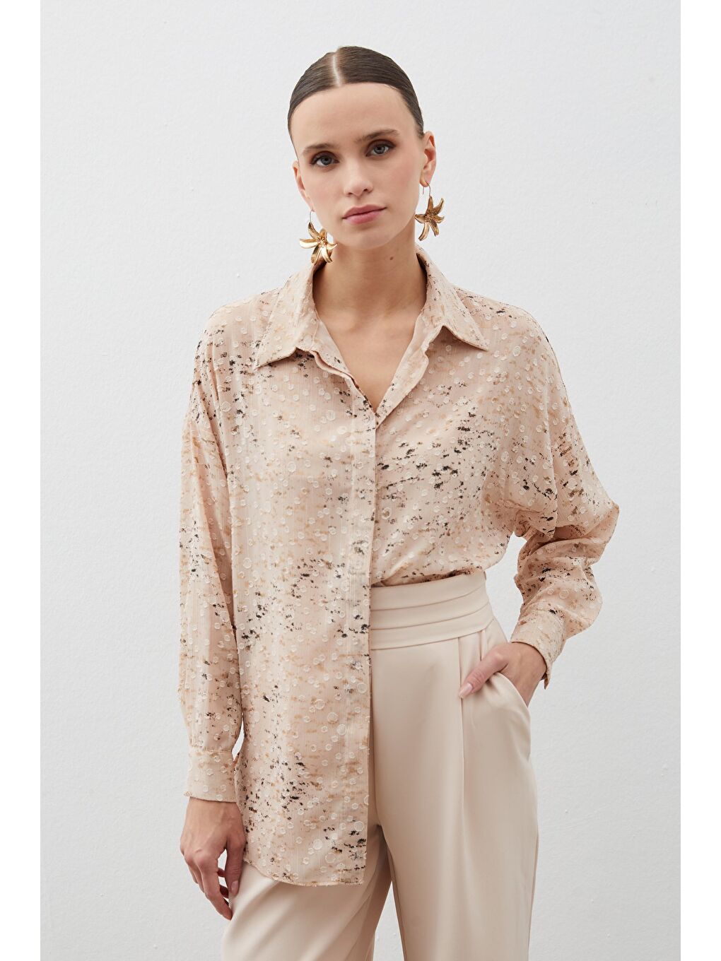 Pembe Varaklı Geniş Gömlek - Pudra-Gold