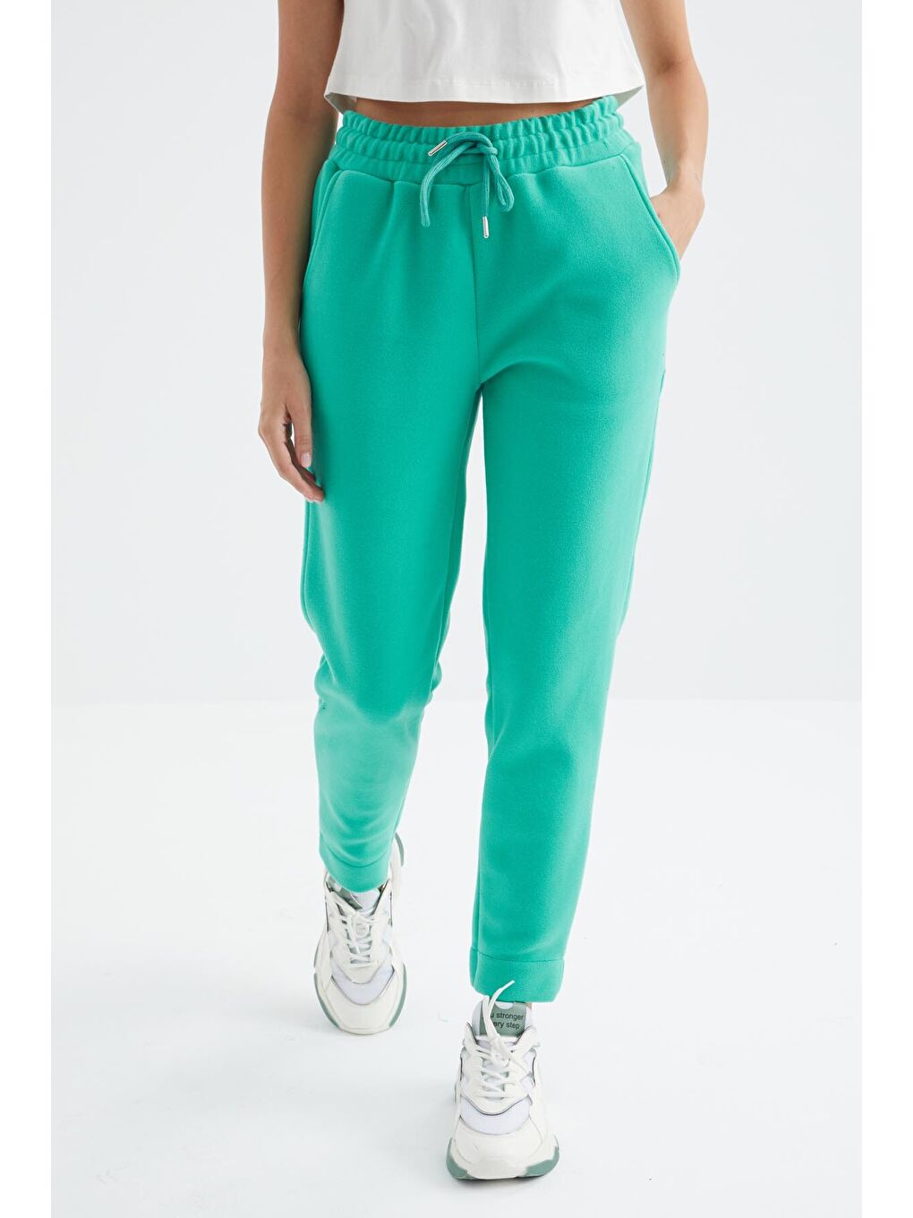 Turkuaz Deniz Yeşili Yüksel Bel Rahat Form Geniş Paça Cepli Kadın Polar Eşofman Alt - 94623-3