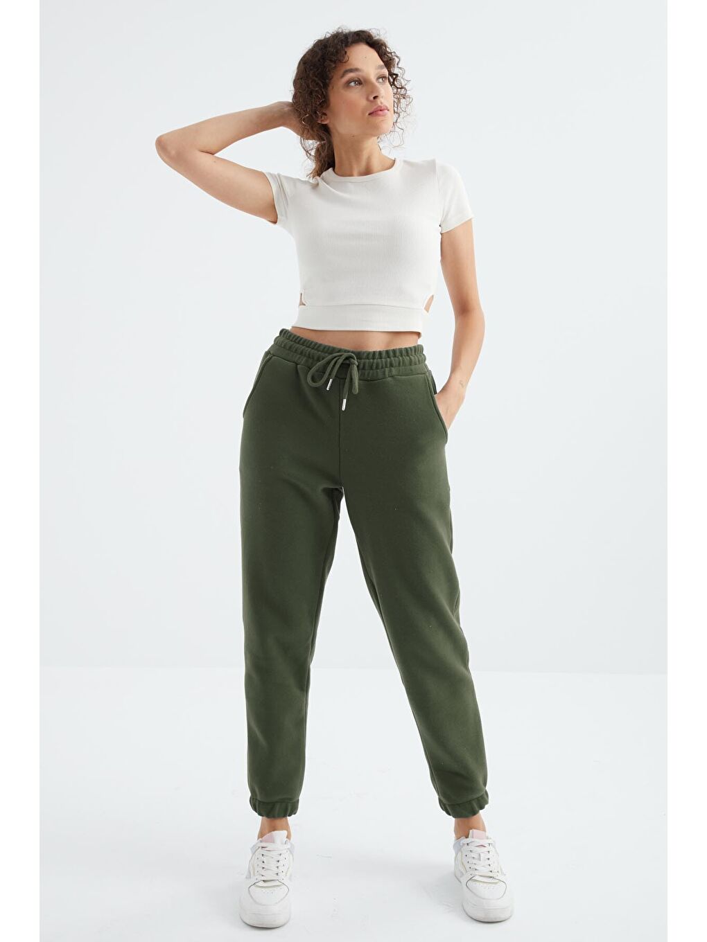 Yeşil Çağla Yüksek Bel Basic Bağcıklı Jogger Polar Kadın Eşofman Alt - 94622-2