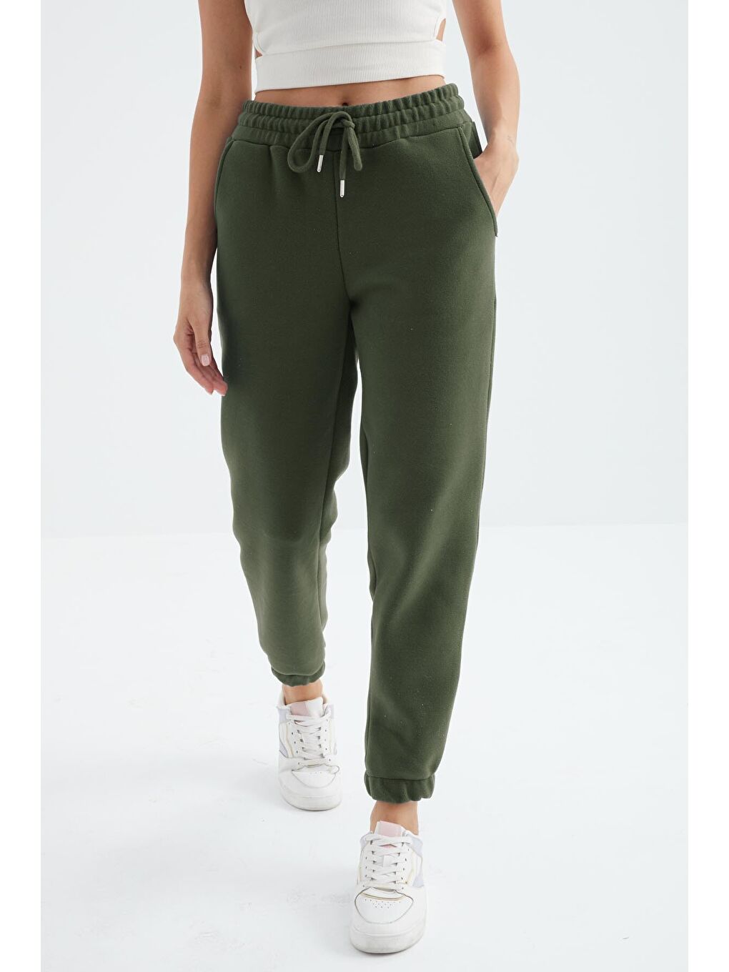 Yeşil Çağla Yüksek Bel Basic Bağcıklı Jogger Polar Kadın Eşofman Alt - 94622-3